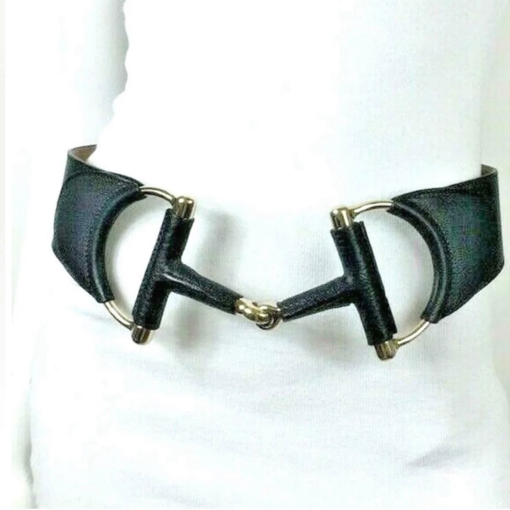 Gucci Black Leather Belt with Gold Accents
